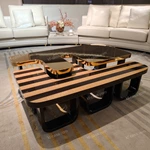 Geometric Coffee Table with High-Gloss Stainless Steel and Natural Wood Veneer Surfaces